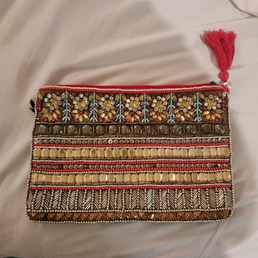 Big‎ Buddha Zigzag Chevron Beaded Clutch Red Tassel Evening Bag